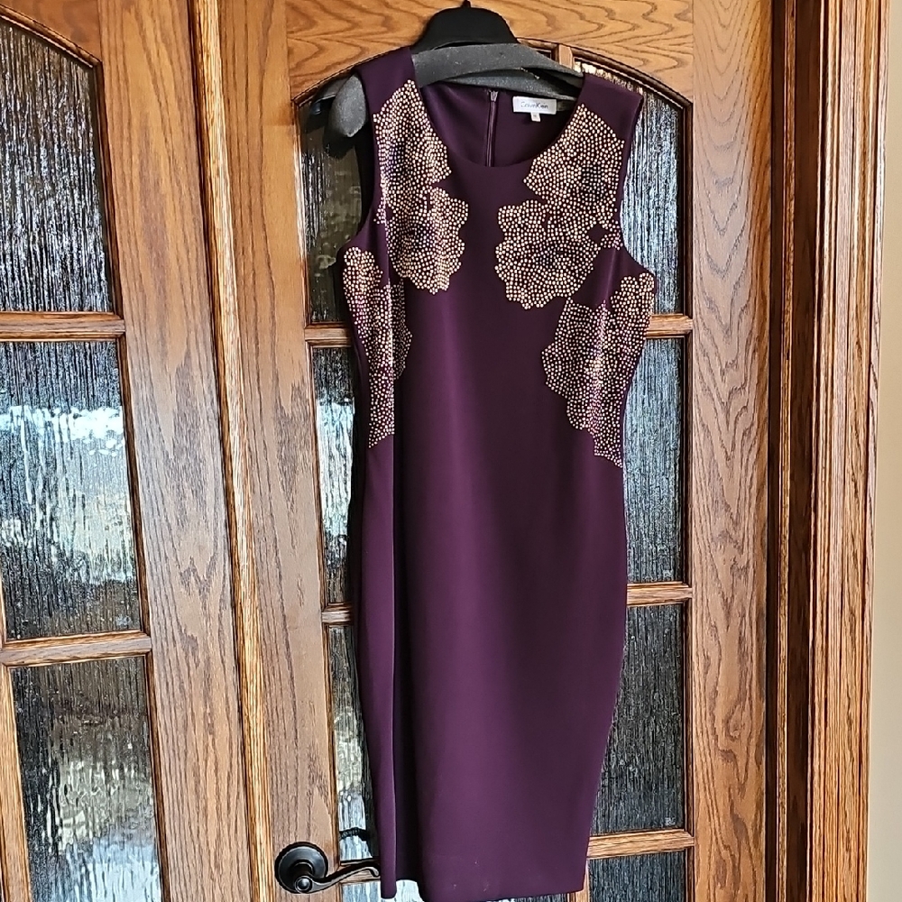 Calvin Klein Plum Sheath Dress with Gold Embellishment